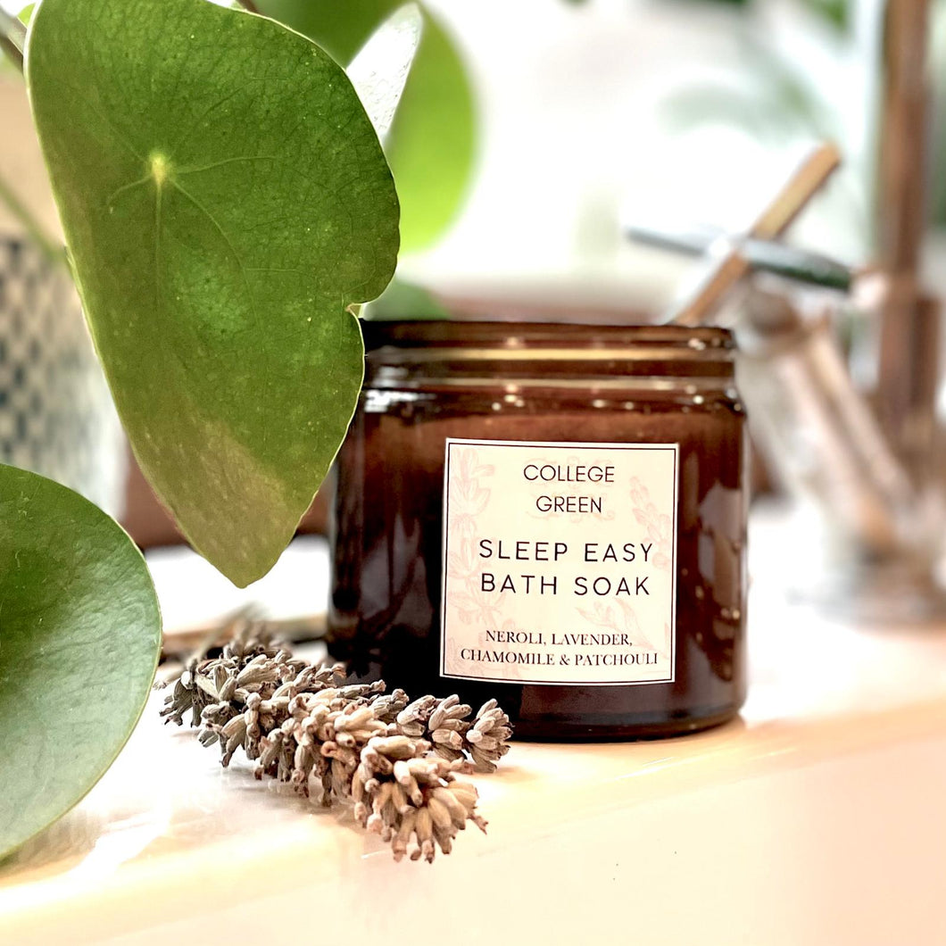 College Green Sleep Easy bath soak with pure essential oils in amber glass jar
