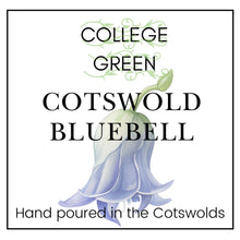 College Green Cotswold Bluebell Reed Diffuser label with delicate watercolour image of a bluebell. Hand poured in the Cotswolds.